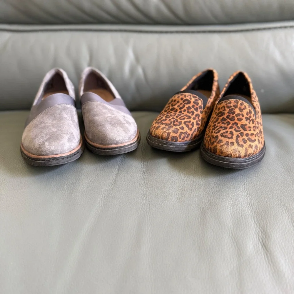 Clarks Collection Sharon Dolly Leopard Print Suede Wedge Slip On Loafers 5.5 M